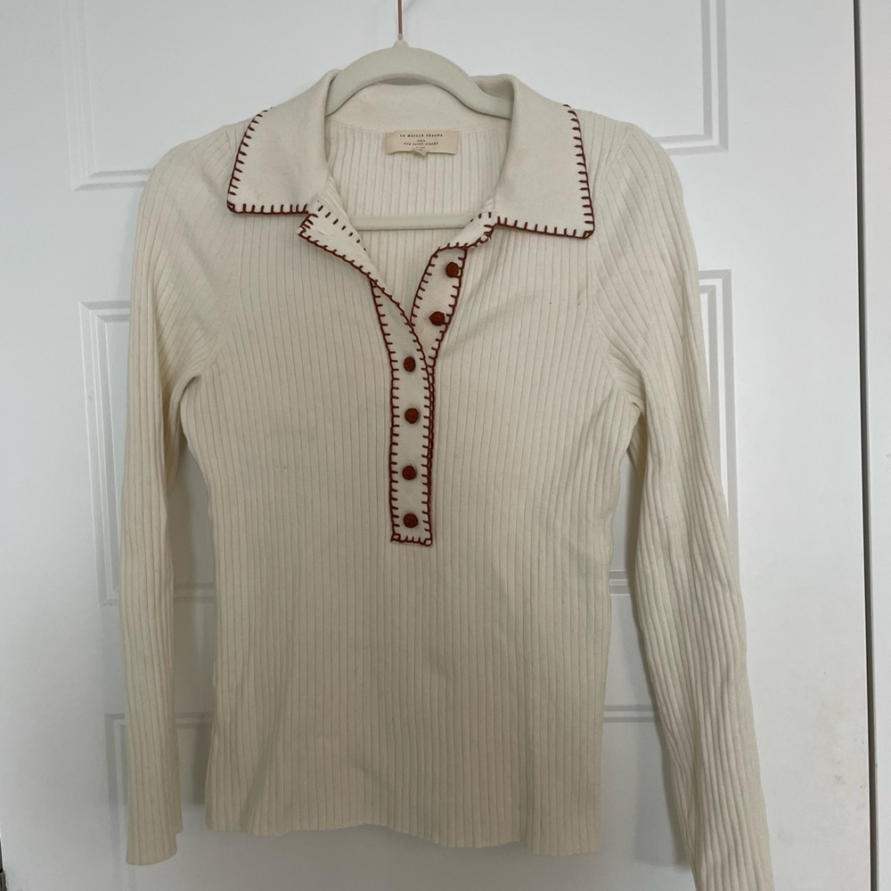 Sezane Cream Ribbed Long-Sleeve Polo with Brown Trim